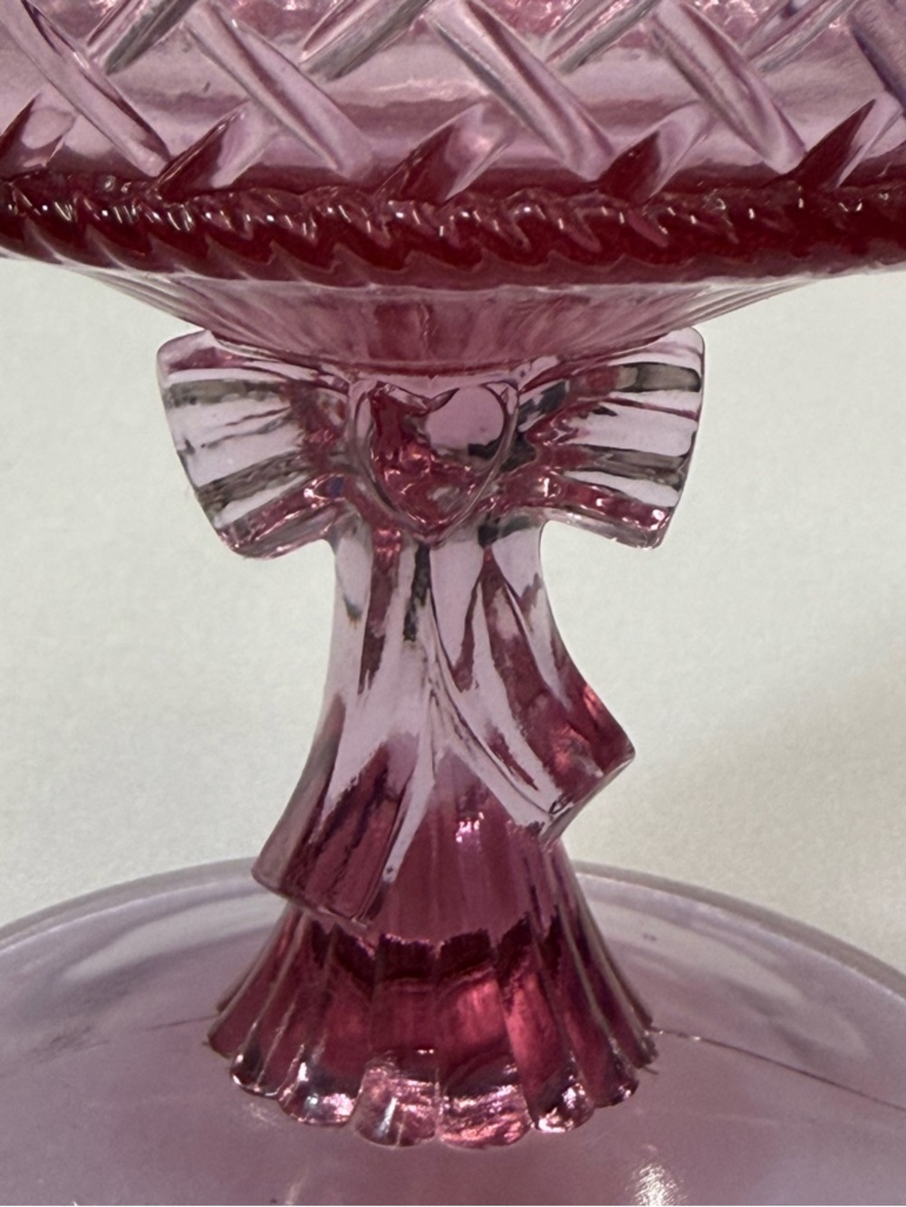 Fenton Pink Basket Weave Ribbon Bow Pedestal Compote Dish Original Sticker NEW - Picture 4 of 8
